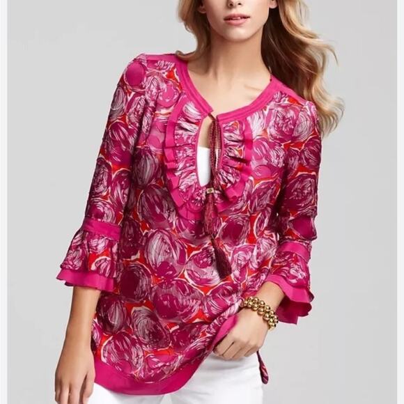Tory Burch Tops - Tory Burch Sz 4 Gwenna Deep Pink Floral Keyhole Oval Ruffled front Tie front